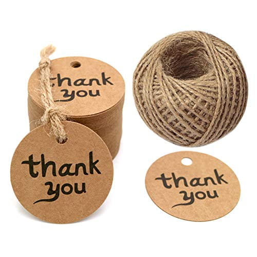 Thank You Gift Tags,100 PCS Brown Tags 5 cm Thank You Favour Tags Round Kraft Paper Hang Tags with 100 Feet Jute Twine 
